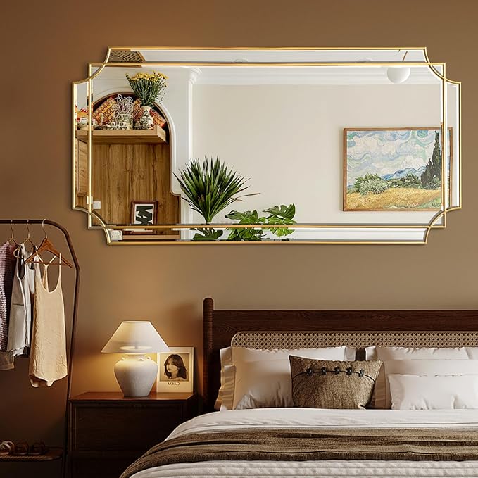 HQiJun Gold Full Length Mirror for Wall, Polished Bevelled Rectangle Mirror