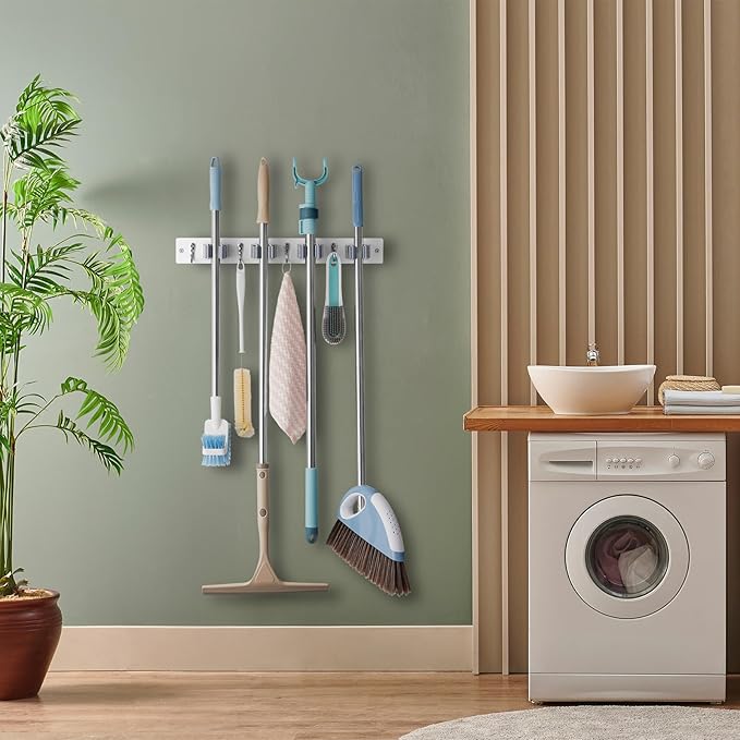 OUTNILI White Mop Broom Holder Wall Mount with 4 Slots & 4 Hooks - Wood Broom Mop Hanger for Pantry Closet Laundry Room Organization - Heavy Duty Garden Tool Organizer - White Kitchen Decor