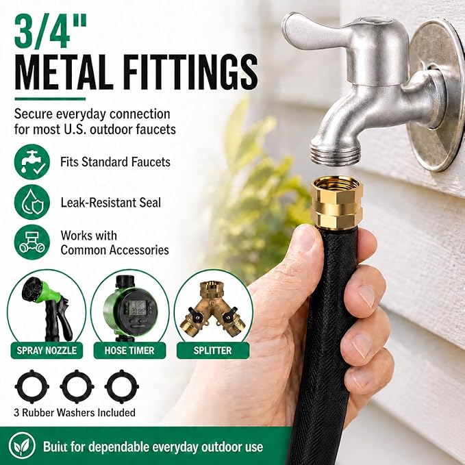 100FT Lightweight Flat Garden Hose for Women & Seniors, Non-Expandable Water Hose with 10-Pattern Spray Nozzle, Easy Storage No-Kink Hose for RV, Patio, Small Backyard, Car Wash & Everyday Watering