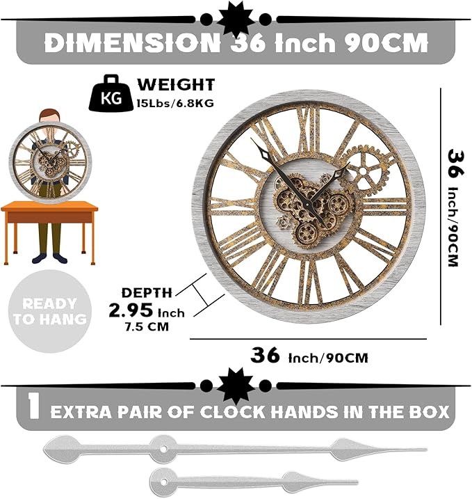 The B-Style Large Wall Clock 24 inch Moving Gear Wall Clock Oversized Vintage