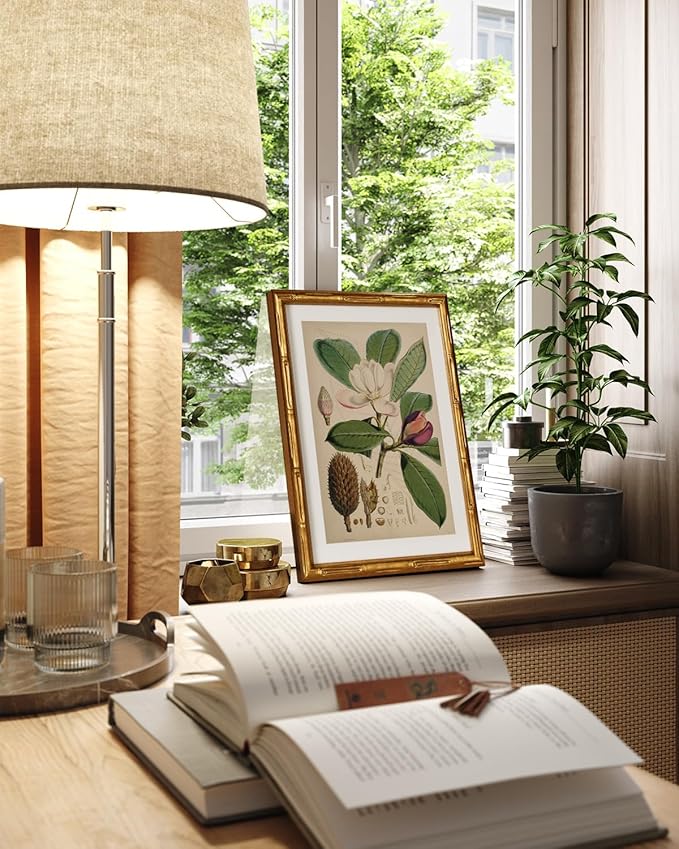 InSimSea Gold Bamboo Framed Canvas Wall Art, Retro Nature Magnolia Botanical