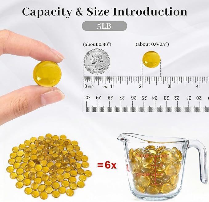 FUTUREPLUSX 5Lb Flat Glass Marbles, Amber Yellow Vase Filler Beads Flat Gems Decorative Glass Stones for Table Scatter Hydroponic Plant Decor