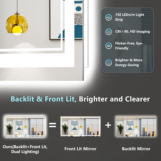 72x40 LED Bathroom Mirror with Lights, Backlit and Front Lit Anti-Fog Lighted