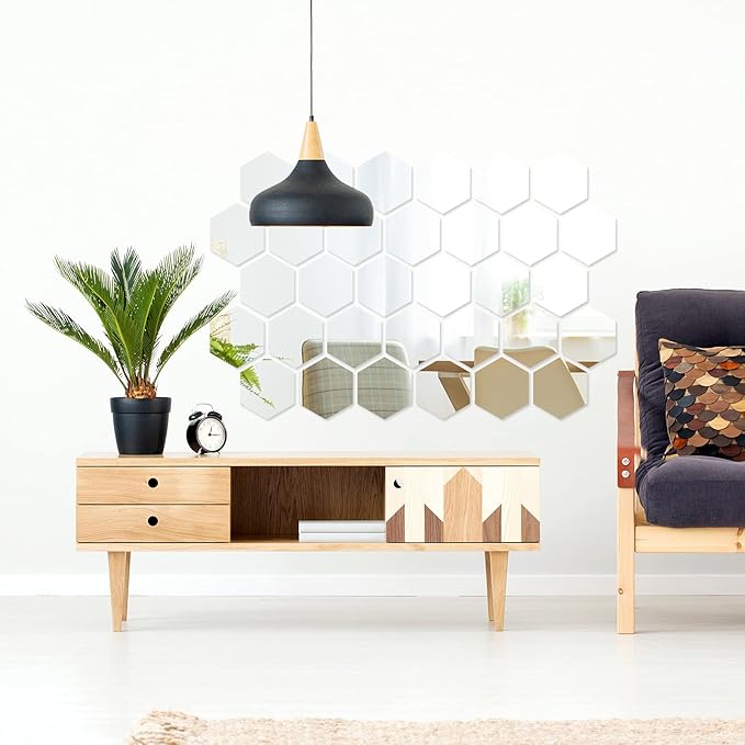 Shappy 32 Pcs Hexagon Mirror Wall Stickers Removable Silver Acrylic Mirror