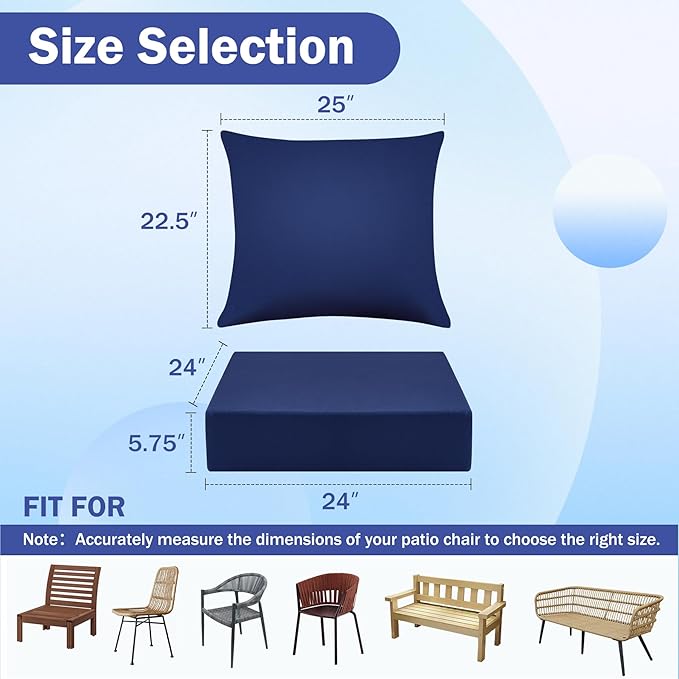 IASEAHK Outdoor Chair Cushions, 24 x 24 Inch Outdoor Cushion for Patio Furniture, Patio Chair Cushion, Waterproof & Fade Resistant Deep Patio Furniture Cushions Set with Handle and Ties, Navy Blue