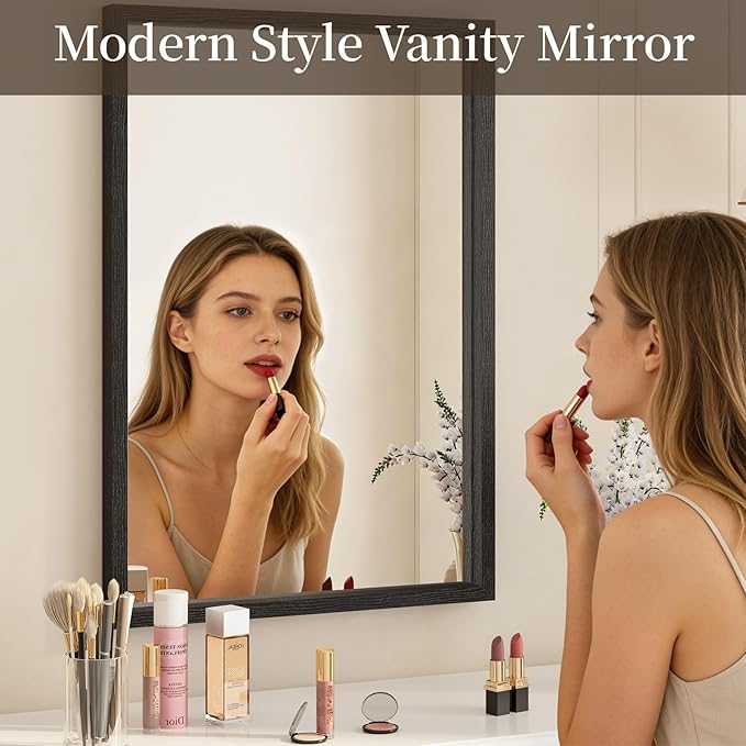 Syndra Black Wood Frame Bathroom Mirror, Waterproof Slim Deep Frame,