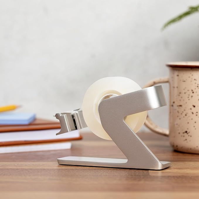 ELYPRO Modern Tape Dispenser for Office Desk - Elegant and Minimalist Design, Heavy Metal Made, Space-Saving, Perfect for Office & Home Use or as a Stylish Gift - Bonus Tape Roll Included (Silver)