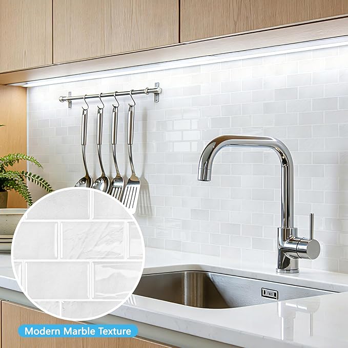 Art3d Peel and Stick Wall Tiles in White Marble– 10-Pack of 12 x12 Thickened