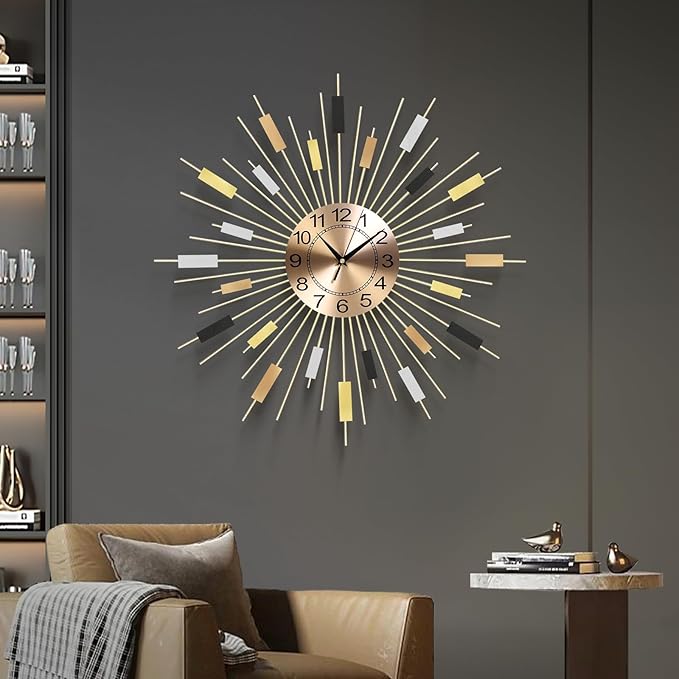 23.6 inch Gold Starburst Wall Clock, Non-Ticking Large Modern Sunburst