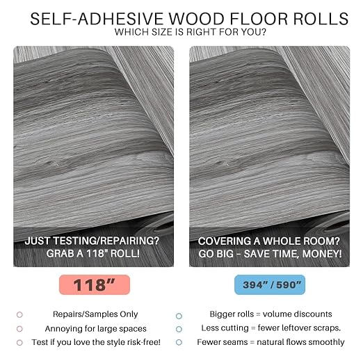 Wood Grain Peel and Stick Floor Tiles – 11.8” Width, Full Roll Length of 118" –