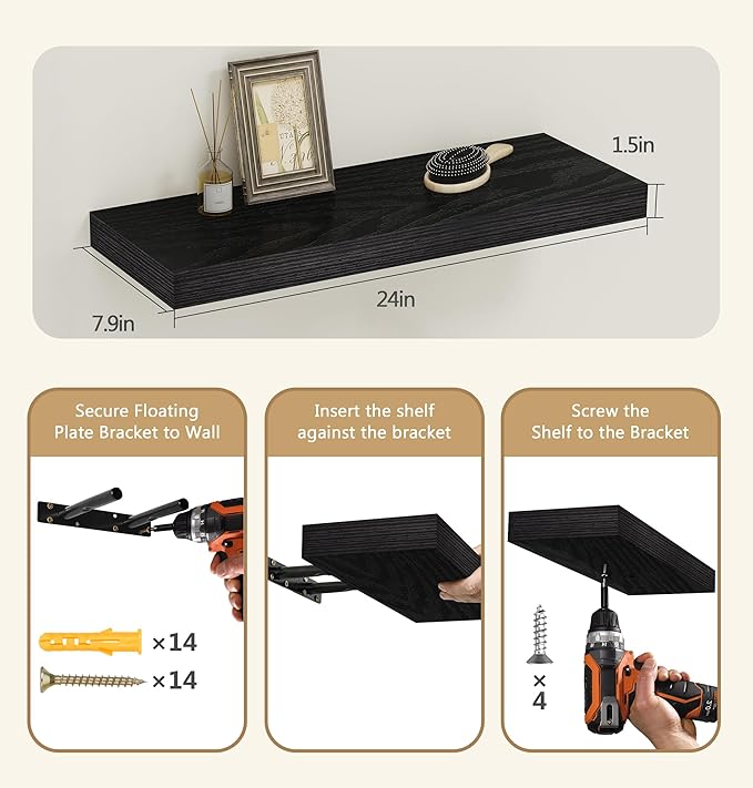 Vervida® 3 Pack Black Floating Shelves, Holds Up to 37 Lbs,