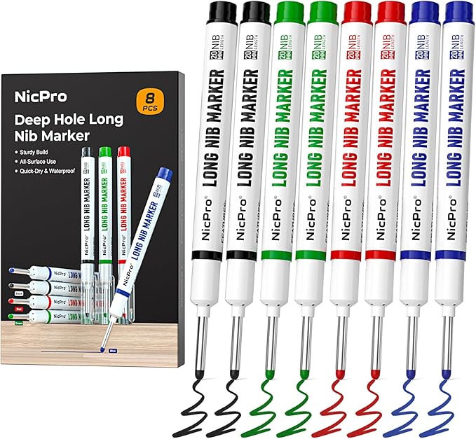 Nicpro 8 PCS Long Nib Marker Pens, 20mm Deep Hole Marker, Quick Dry & Waterproof Construction Markers, Long Head Markers for Metal, Steel, Tile, Glass, Carpenter Marking Pen for Woodworking (4 Colors)