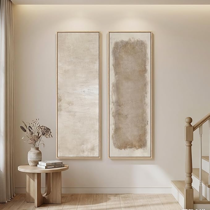 Long Narrow Framed Neutral Abstract Vertical Wall Art, 2 Piece Modern Canvas