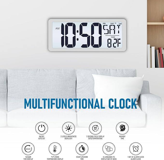 TXL Atomic Clock with Backlight, 14.2" Digital Wall Clock, Battery Operated