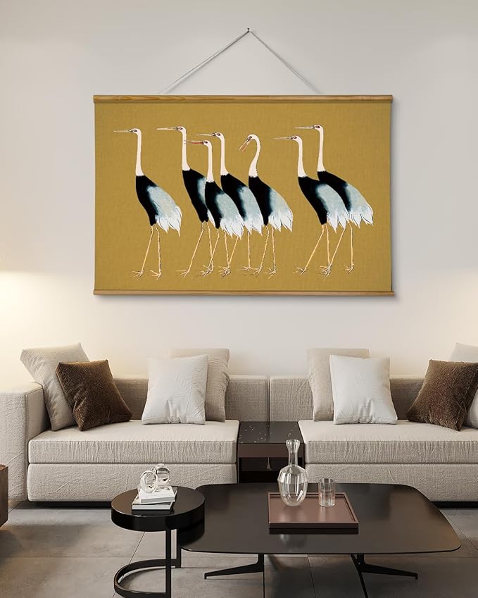 VIYYIEA Extra Large Size Canvas Wall Art, 36x54 Vintage Scroll Hanging Crane Print, Elegant Bird Animal Artwork for Living Room, Bedroom, or Office