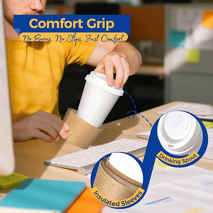 Fit Meal Prep 50 Pack 10 oz Disposable Coffee Cups with Lids, Sleeves, Leak-Proof To Go Coffee Cups with Lids, Durable Hot Paper Cups for Home, Office, Party, Business
