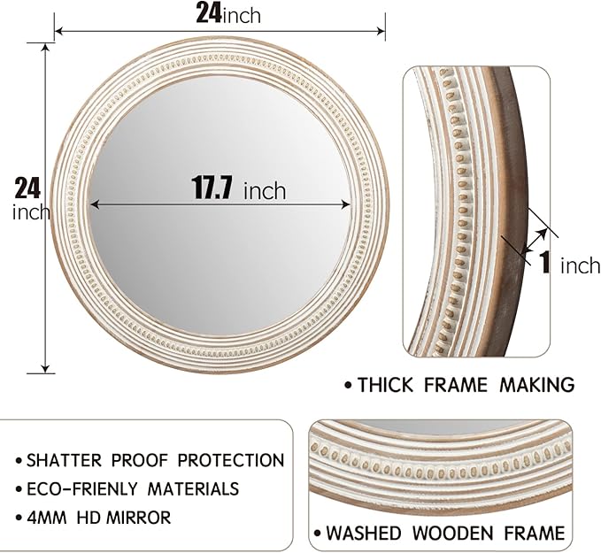 Reflinto 24 Inch Boho Wooden Round Mirrors