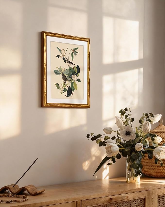 InSimSea Gold Bamboo Framed Canvas Wall Art, Neutral Bird Botanical Paintings