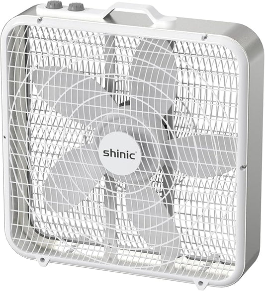 shinic 20â Box Fan with Thermostat for Bedroom, 3-Speed Portable Floor Fan with Carry Handle, Powerful Airflow, 5 Blades, Window Fan and Cooling Fan for Home, Office, Garage, Basement, White
