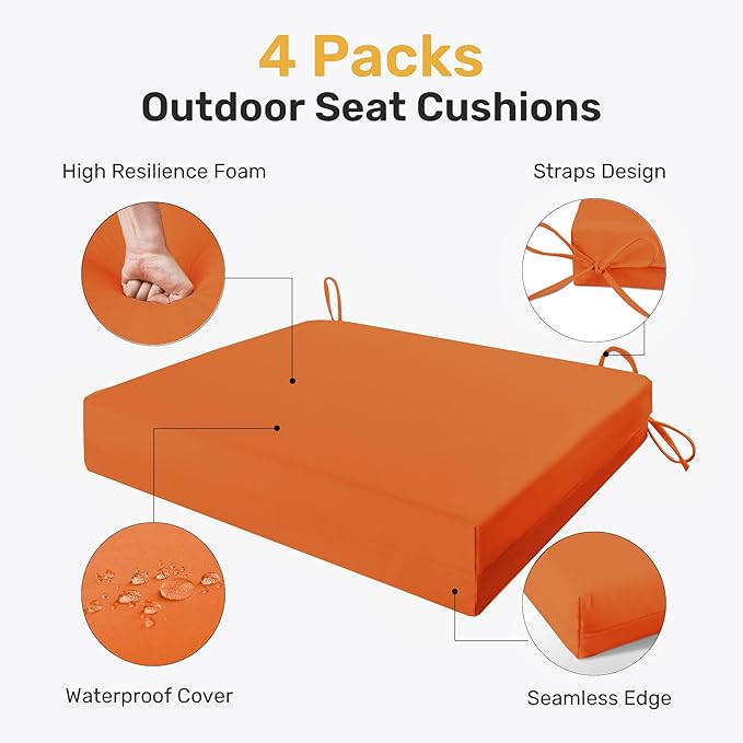 UNIKOME Outdoor Chair Cushions Pack of 4, Water Resistant Patio Cushions with Ties, High Density Sponge Filling Square Corner Seat Cushions for Outdoor Furniture, 24"*24"*4", Orange
