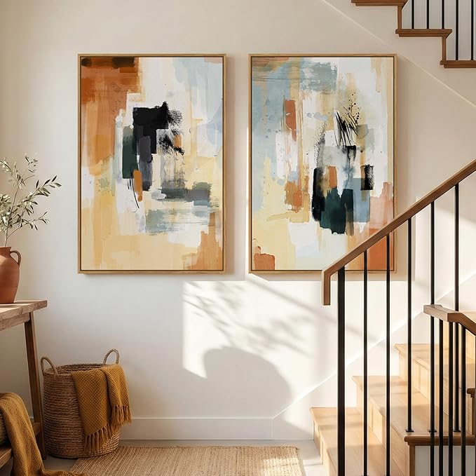 Large Framed Neutral Abstract Wall Art, Minimalist Colorful Pictures