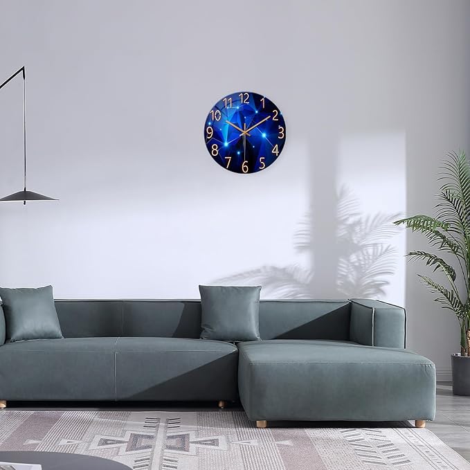 Blue Wall Clock Battery Operated 14 Inch Modern Wall Clock Non Ticking Glass