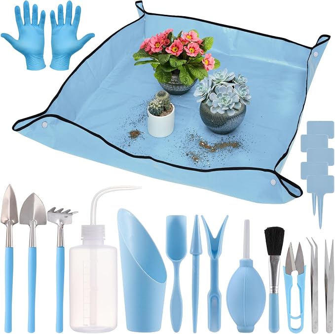 20pcs Small Gardening Tools Gifts for Women Beginners - Garden Hand Tools Set for Indoor Succulent Bonsai Plants Transplanting, Included 39" Plant Repotting Mat/Miniature Shovel/Labels, Blue