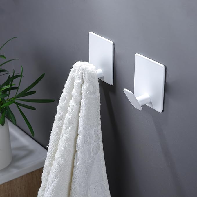 DELITON Adhesive Hooks for Hanging, 8 Pack White Wall/Towel Hooks for Bedroom