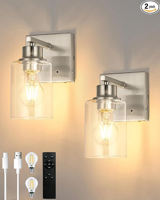 Rayogale Wireless Wall Sconces, Nickel Battery Operated Wall Sconce Set of 2