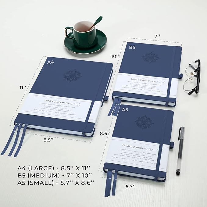 Smart Planner Pro – Undated Daily Planner – Small A5 – Achieve Goals & Increase Productivity – Weekly, Monthly, Work Sections, Organizer Diary with Back Pocket, 3 Satin Bookmarks & Pen Holder