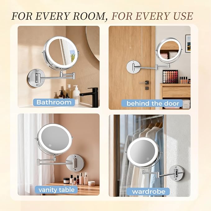Rocollos Rechargeable Wall Mounted Lighted Makeup Mirror Chrome, 8 Inch