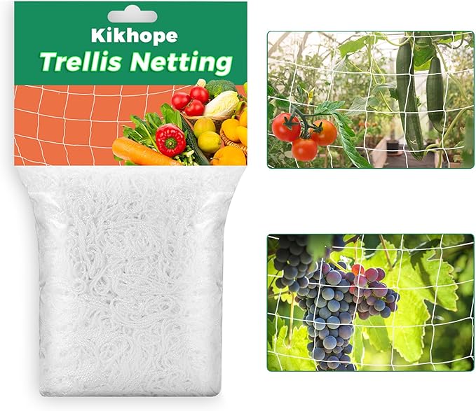 Kikhope Trellis Netting, 5x15 ft Heavy-Duty Polyester Plant Trellis Netting Mesh, Square Mesh Net for Climbing Plant, Fruits, Vegetables, Vines, Grow Tents, White(1 Pack)