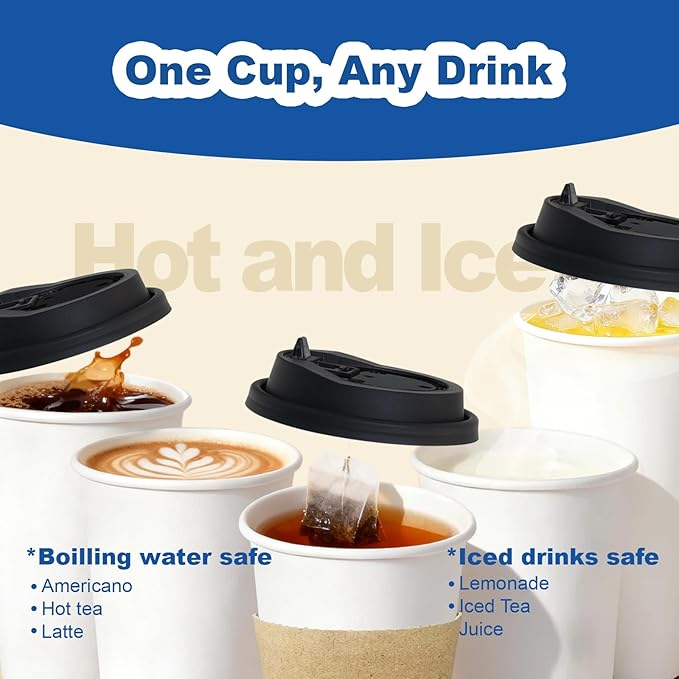 Coolcap 16 oz 100 Pack Coffee Cups with Lids and Sleeves, Straws, Hot Disposable To Go Travel Paper Cups Bulk for Office, Home Coffee Bar Accessories, Chocolate, Cocoa, Beverage (White)