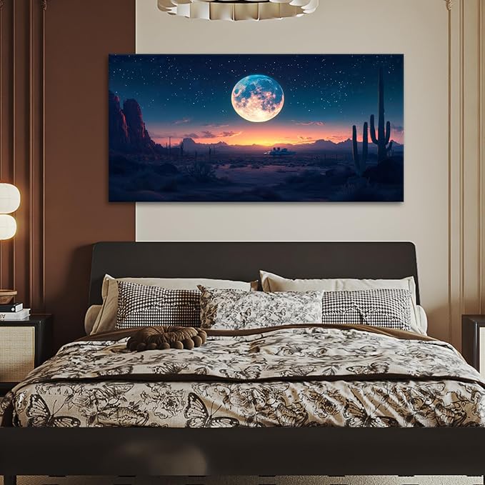 JLXART Moon Wall Decor Canvas Prints Desert Landscape Wall Art Night Boho Cactus Nature Paintings Modern Mountain Pictures For Living Room 30X58inch