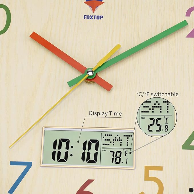 Foxtop Digital and Analog Kids Wall Clock 12 Inch Silent Non-Ticking Battery