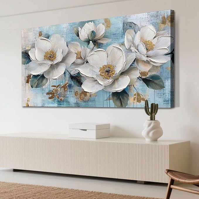 Ardemy Flower Wall Art for Living Room White Floral Canvas Art Wall Decor