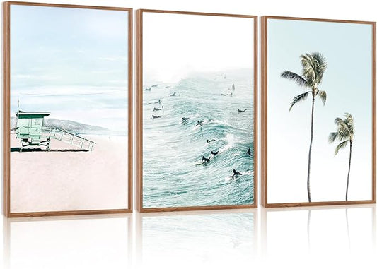 CHDITB Coastal Framed Canvas Wall Art, Beach Surfing Posters, Neutral Palm Tree Ocean Decor, Summer Vacation Artwork Tropical Seaside Painting for Home Living Room Coastal Bedroom 24"x36"x3