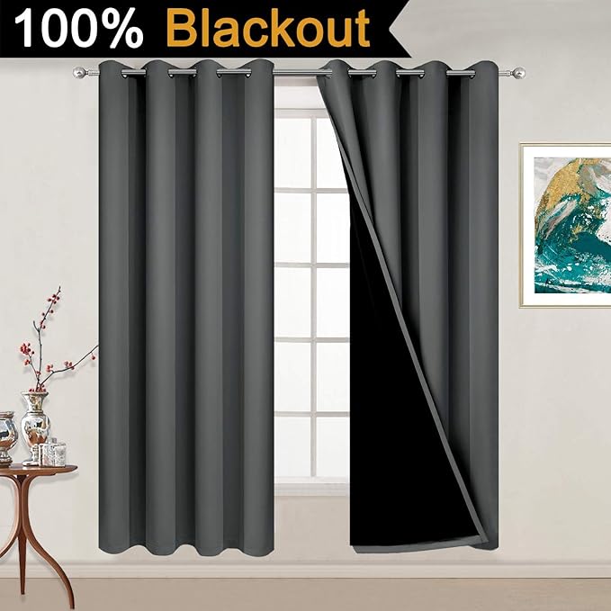 Yakamok Dark Grey 100% Blackout Curtains 54 Inch Length, Heat and Full Light
