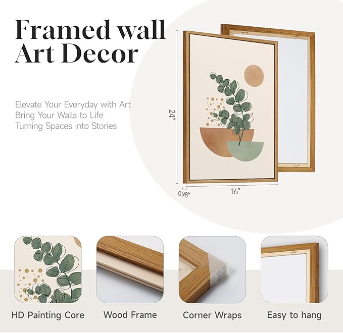 Framed Abstract Boho Wall Art for Living Room, Large Botanical Sage Green Plant