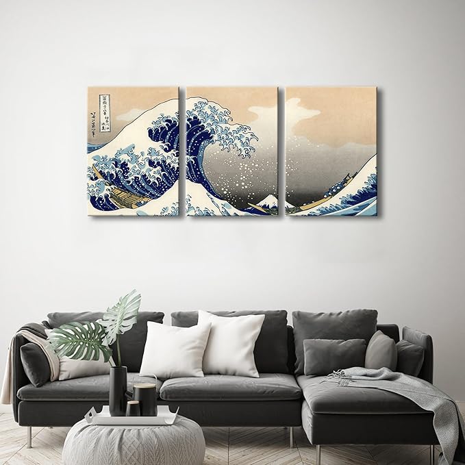 Wieco Art Great Wave of Kanagawa Katsushika Hokusai 3 Piece Modern Canvas