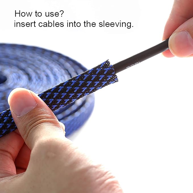 100ft - 1/4 inch PET Expandable Braided Sleeving – BlackBlue – Alex Tech Braided Cable Sleeve