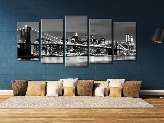 Wieco Art Large Brooklyn Bridge Night View Modern Giclee Canvas Prints Artwork