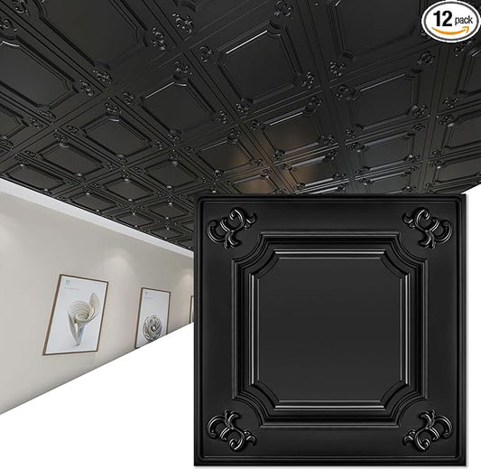 Art3d Drop Ceiling Tiles 24x24 in Black, Wainscoting Panels Glue Up 2x2