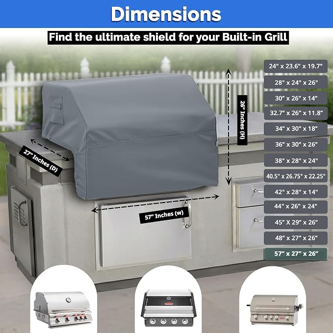 Covers & All Built-in Grill Cover for Outdoor Grill – Heavy Duty 12 oz Waterproof Built-in BBQ Grill Cover, PVC-Coated Polyester with Elastic Hem for Snug Fit (57 x 27 x 26 inches, Grey)