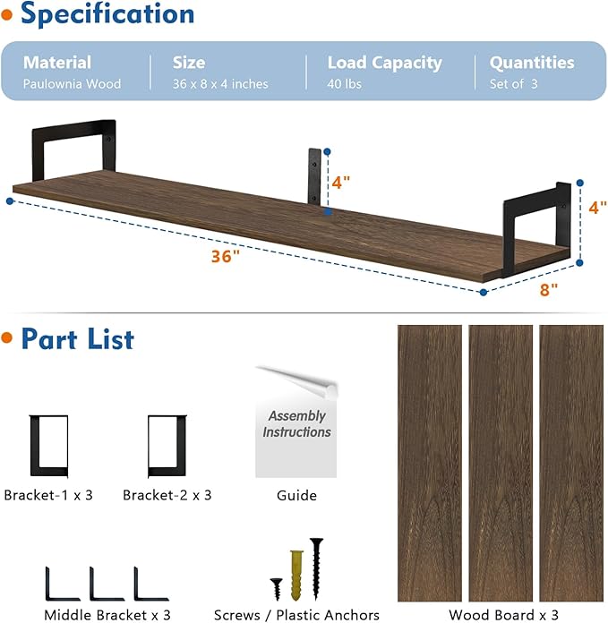 Harwaya Floating Shelves for Wall 36 Inches Long 8 Inch Deep, Large Wall Book