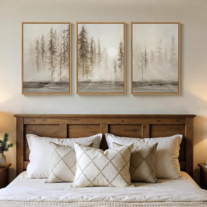 Framed Neutral Tree Set of 3 Wall Art Bedroom, Abstract Modern Rustic Landscape Beige Canvas Artwork for Walls, Nordic Misty Forest Farmhouse Wall Decor for Bedroom Hallway Office, 16x24 Inch