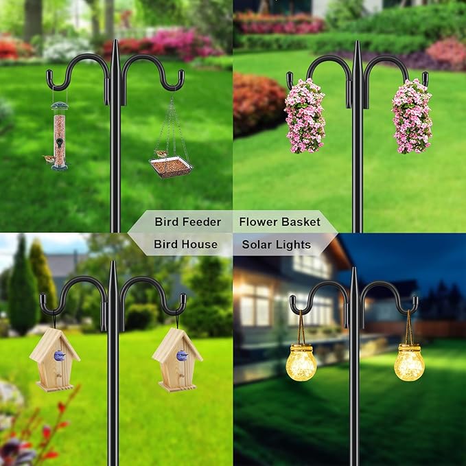 Gtongoko Bird Feeder Pole for Outdoors Heavy Duty, 92 Inch Double Shepherds Hook with 5-Prong Stable Base, 3/4 Inch Thick Hummingbird Feeder Stand for Hanging Plants, Lanterns, 1 Pack