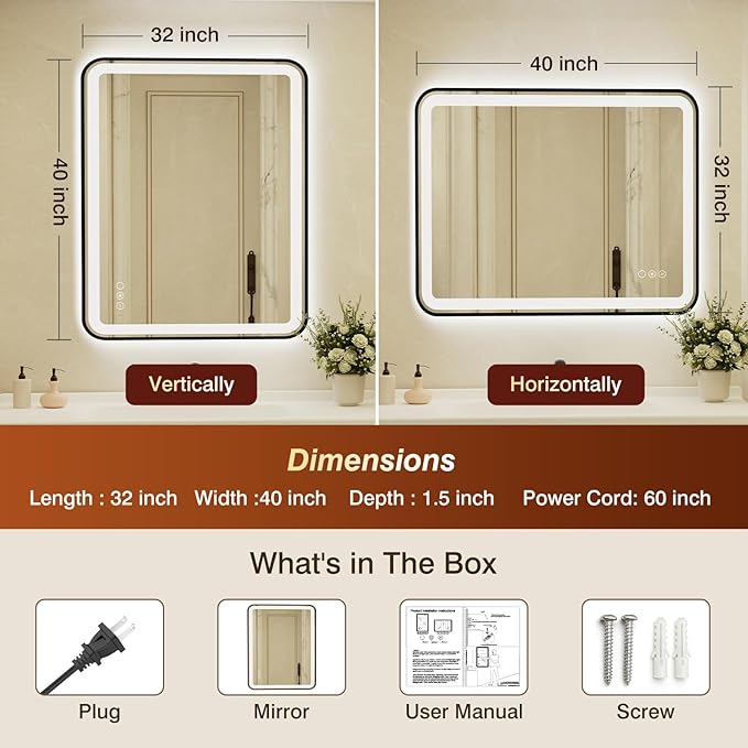32x40 Inch LED Bathroom Mirror