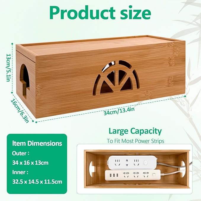 Bamboo Cable Management Box,Extra Large Cord Organizer Box,Power Strips Hider,Plug Strip Cord Box,Outlet Holder,Cords Concealer,Wires Covers,Desk & Floor Tidy Solution (Sliding lid)