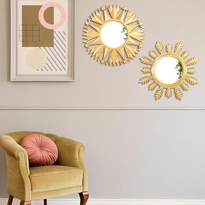 Dandat Set of 4 Gold Mirrors for Wall Decor Small Circle Flowers Mirrors